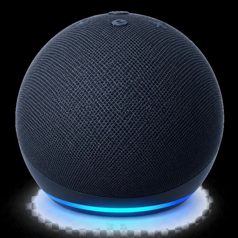 Amazon Echo smart speaker with its blue light ring illuminated